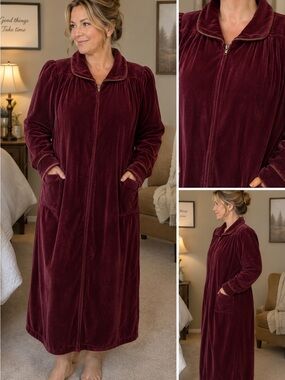 Vanity Fair Velour Zip Front Housecoat Robe XL Burgundy Pockets NWT